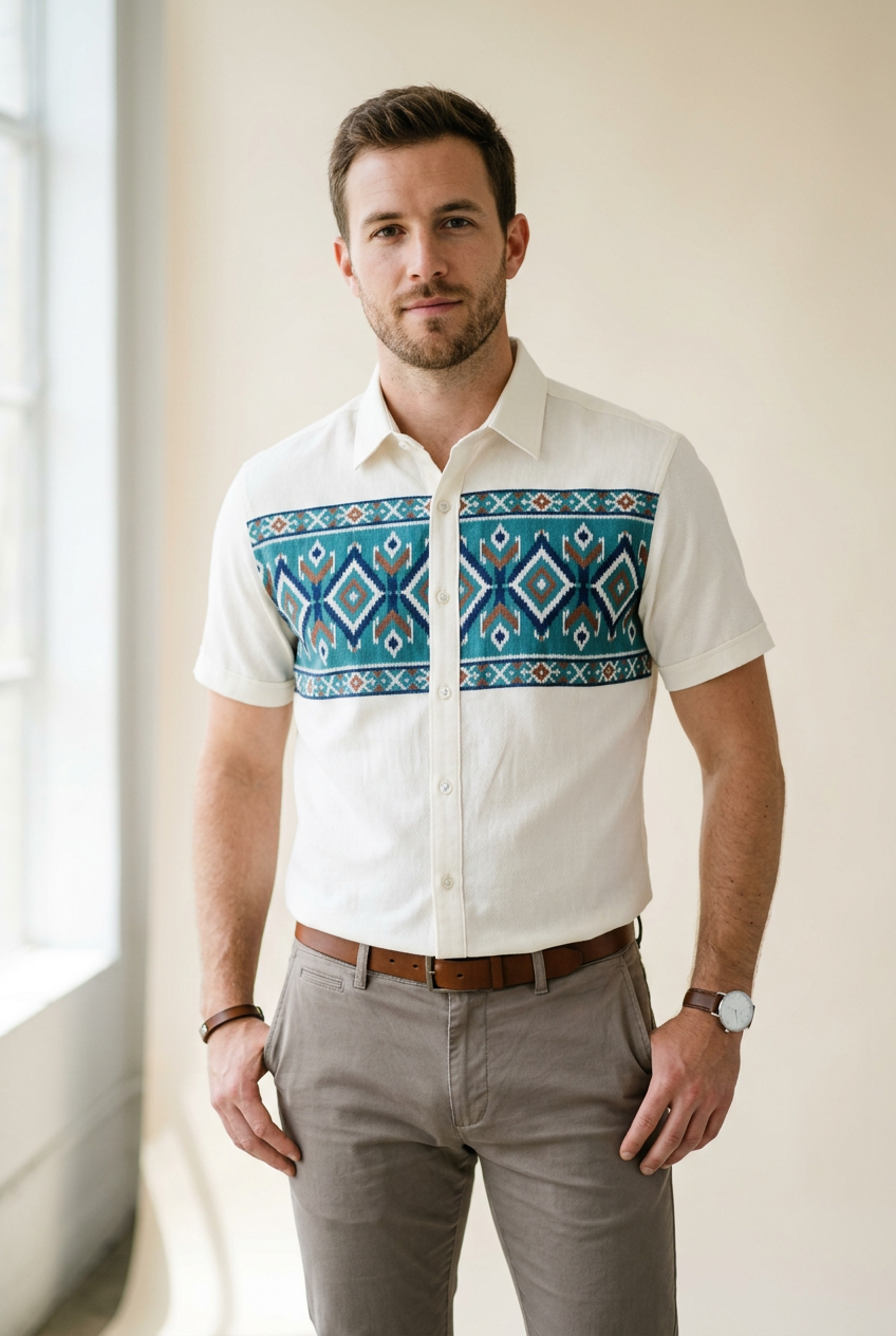 Ivory short-sleeve shirt with teal Ikat-inspired chest panel