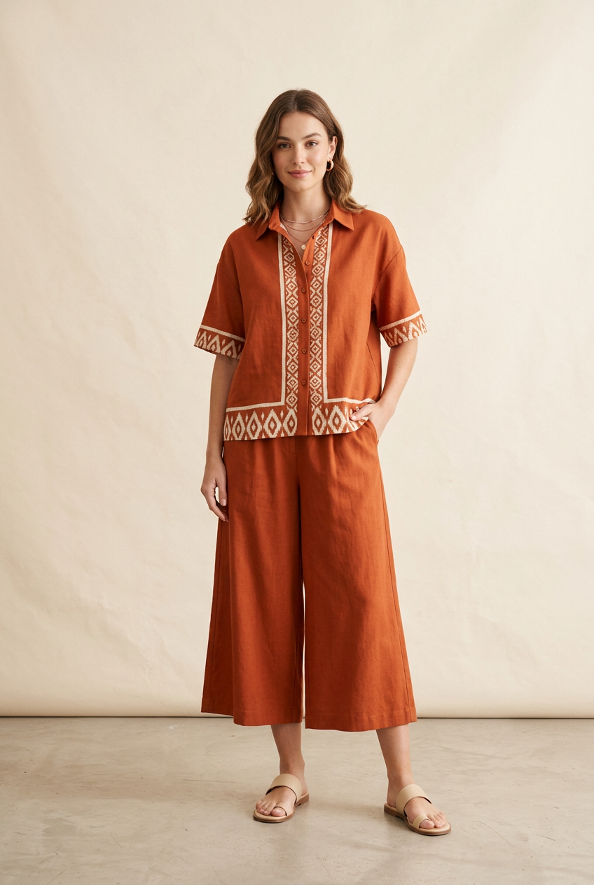 Rust collared shirt with ivory Ikat-inspired border and matching cropped culottes