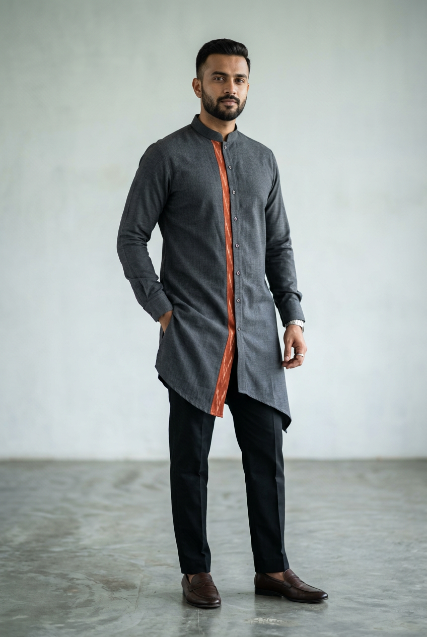 Charcoal asymmetric kurta with diagonal hem and rust Ikat-inspired placket accent