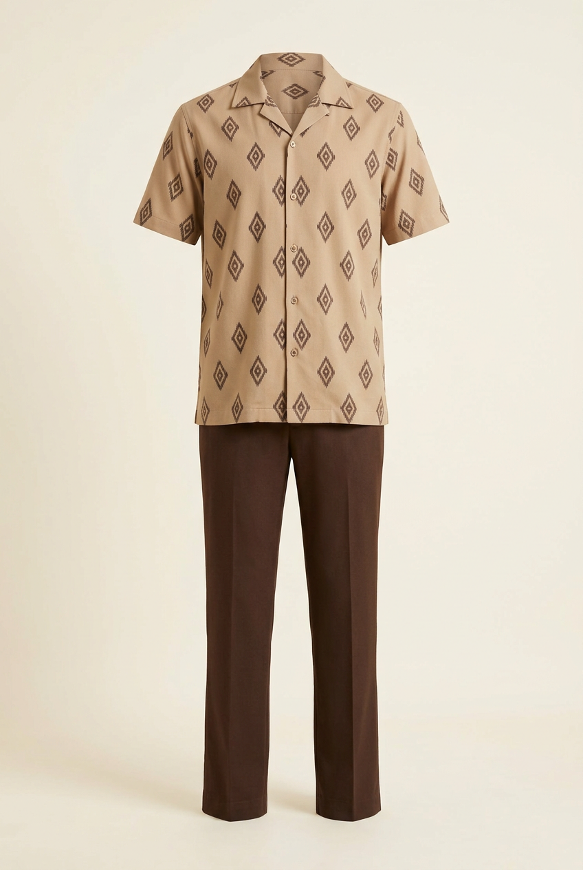 Men's sand geometric-pattern camp-collar shirt paired with chocolate straight-leg trousers