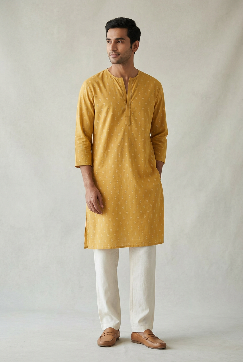 Mustard split-neck kurta with small ivory Ikat-inspired motifs