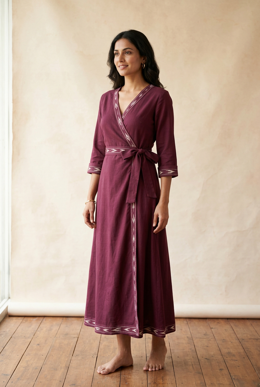 Plum ankle-length wrap-style dress with ivory Ikat-inspired accents