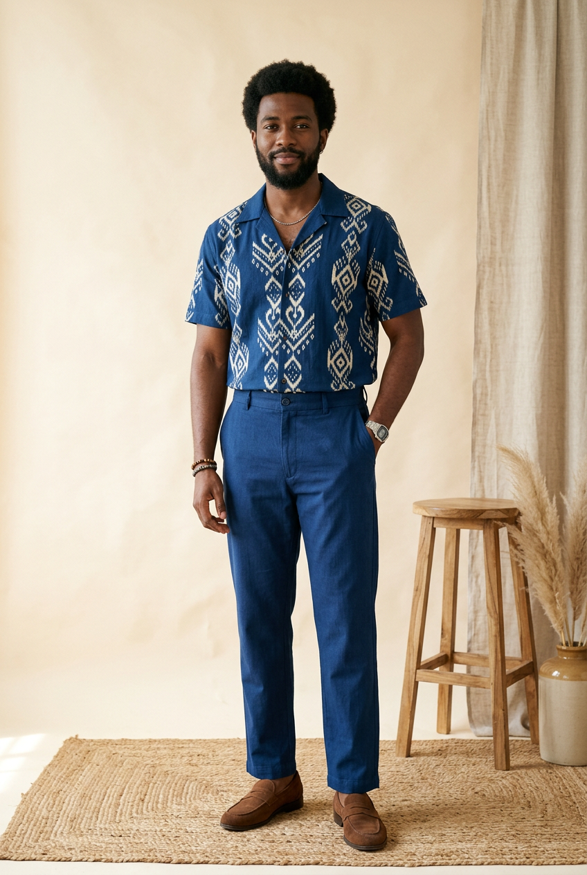Men's indigo Ikat-inspired camp-collar shirt and matching straight trousers