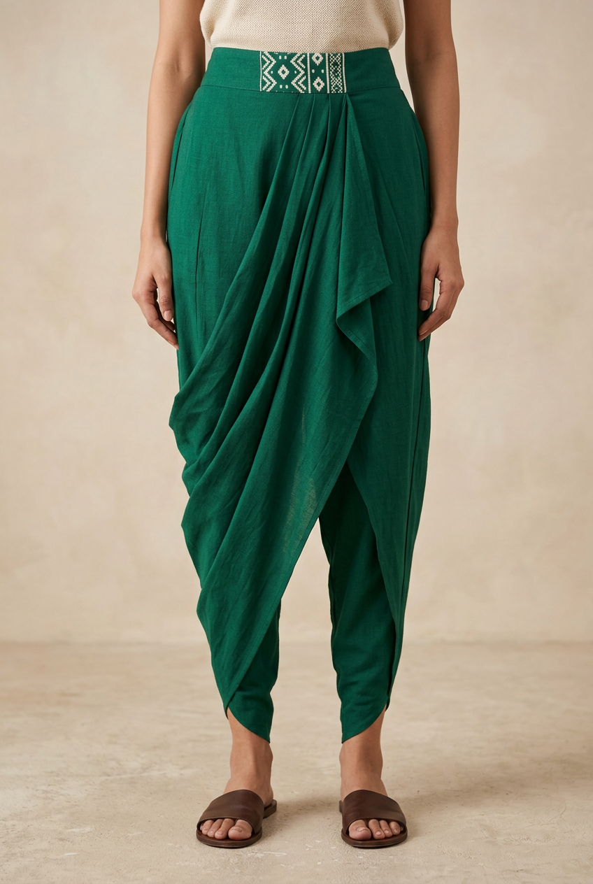 Emerald dhoti-style trousers with a draped front, tapered ankles and ivory Ikat-inspired waistband detail