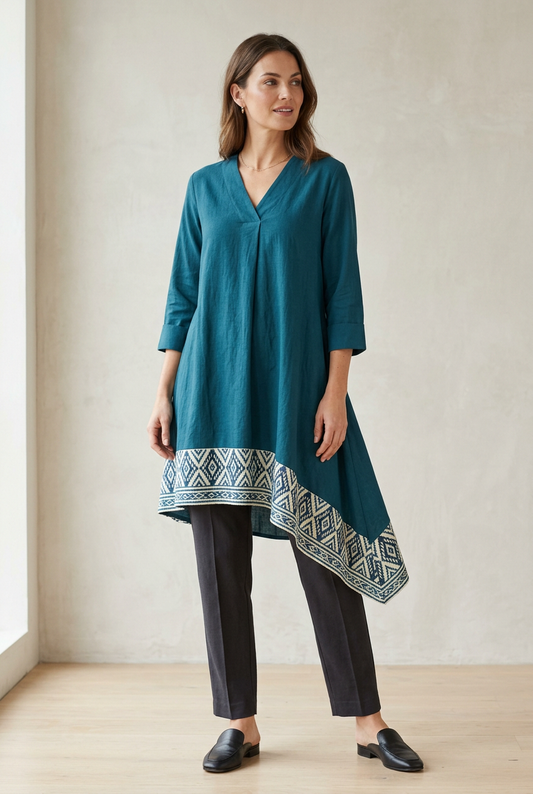 Teal asymmetric tunic with ivory Ikat-inspired hem border, styled with dark trousers