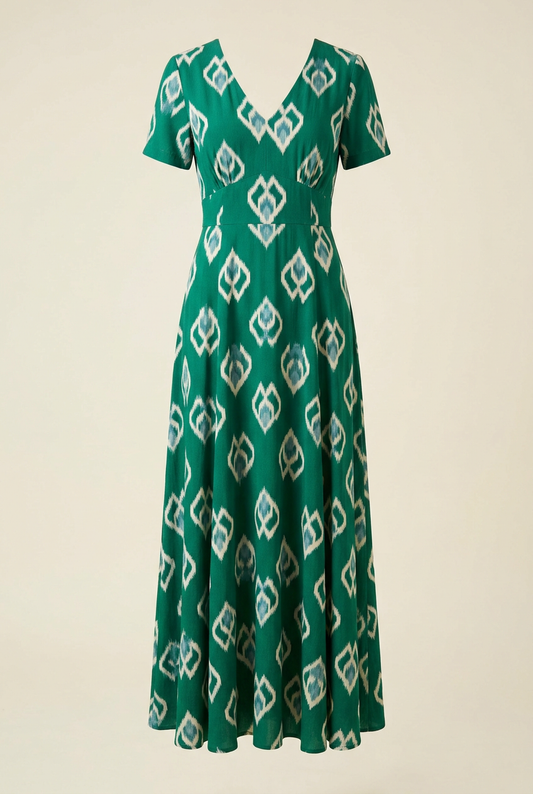 Emerald-green maxi dress with ivory geometric motifs, V neckline and short sleeves