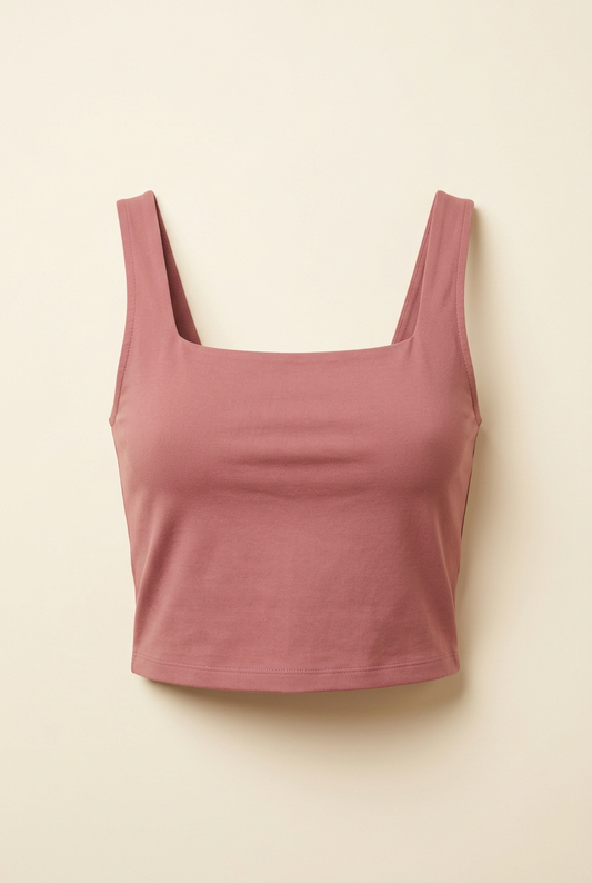 Dusty-rose sleeveless square-neck crop top with wide shoulder straps