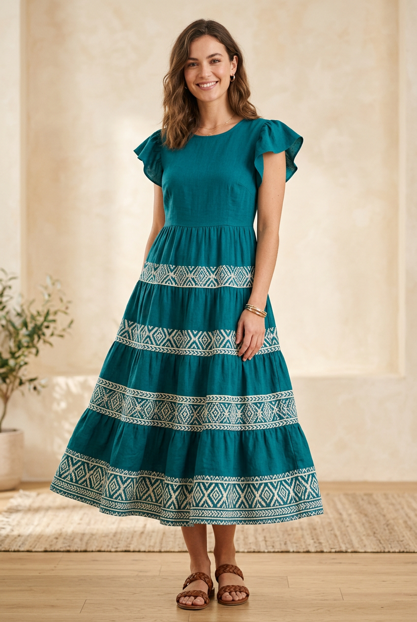 Teal calf-length tiered dress with ivory Ikat-inspired borders and flutter sleeves