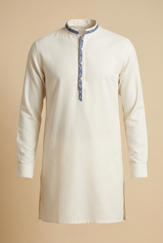 Men's ivory short kurta with indigo geometric trim, band collar and long sleeves