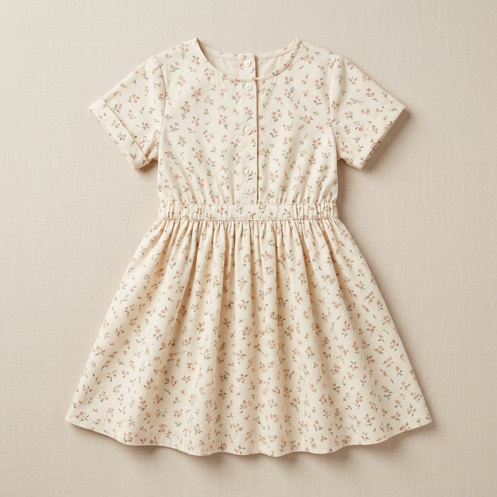 Ivory kids floral dress with blush-pink flowers and a flared skirt