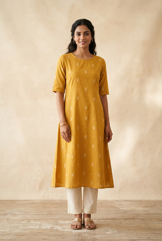 Mustard A-line kurta with ivory Ikat-inspired motifs, styled with ivory trousers