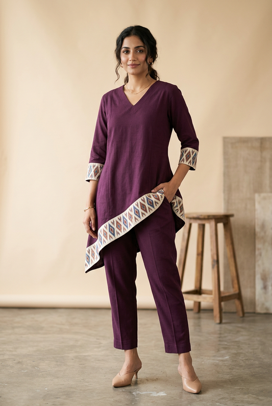 Plum asymmetric tunic with ivory Ikat-inspired hem border and matching tapered trousers