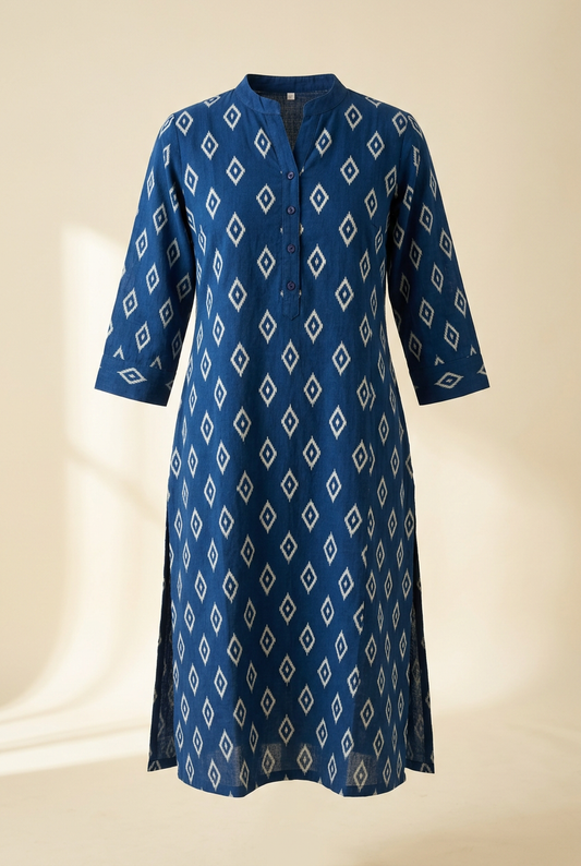 Indigo longline tunic with ivory diamond motifs, band collar and three-quarter sleeves