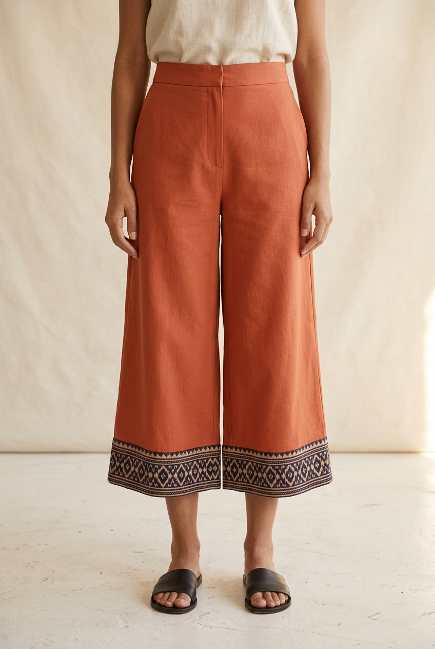 Terracotta cropped wide-leg culottes with a dark Ikat-inspired hem border