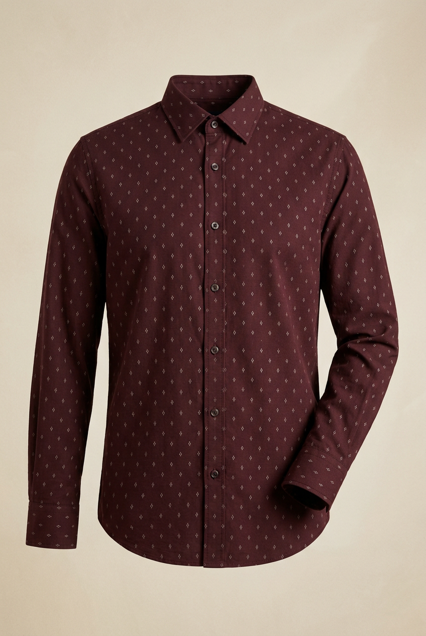 Men's burgundy long-sleeve shirt with small ivory geometric motifs, pointed collar and curved hem