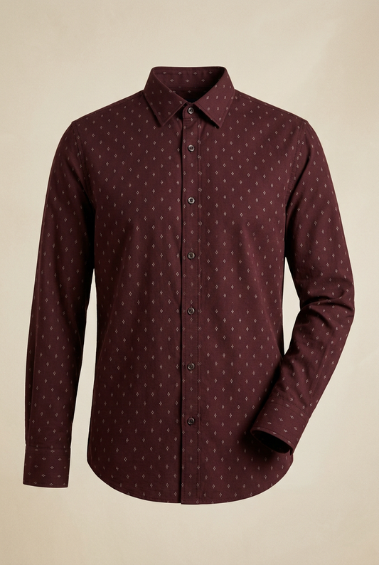 Men's burgundy long-sleeve shirt with small ivory geometric motifs, pointed collar and curved hem