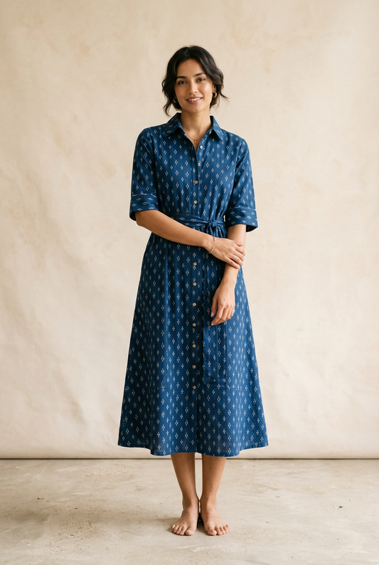 Indigo midi shirt dress with ivory Ikat-inspired motifs and a waist tie
