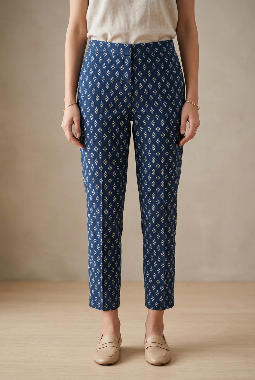 Indigo tapered ankle-length trousers with ivory Ikat-inspired geometric motifs