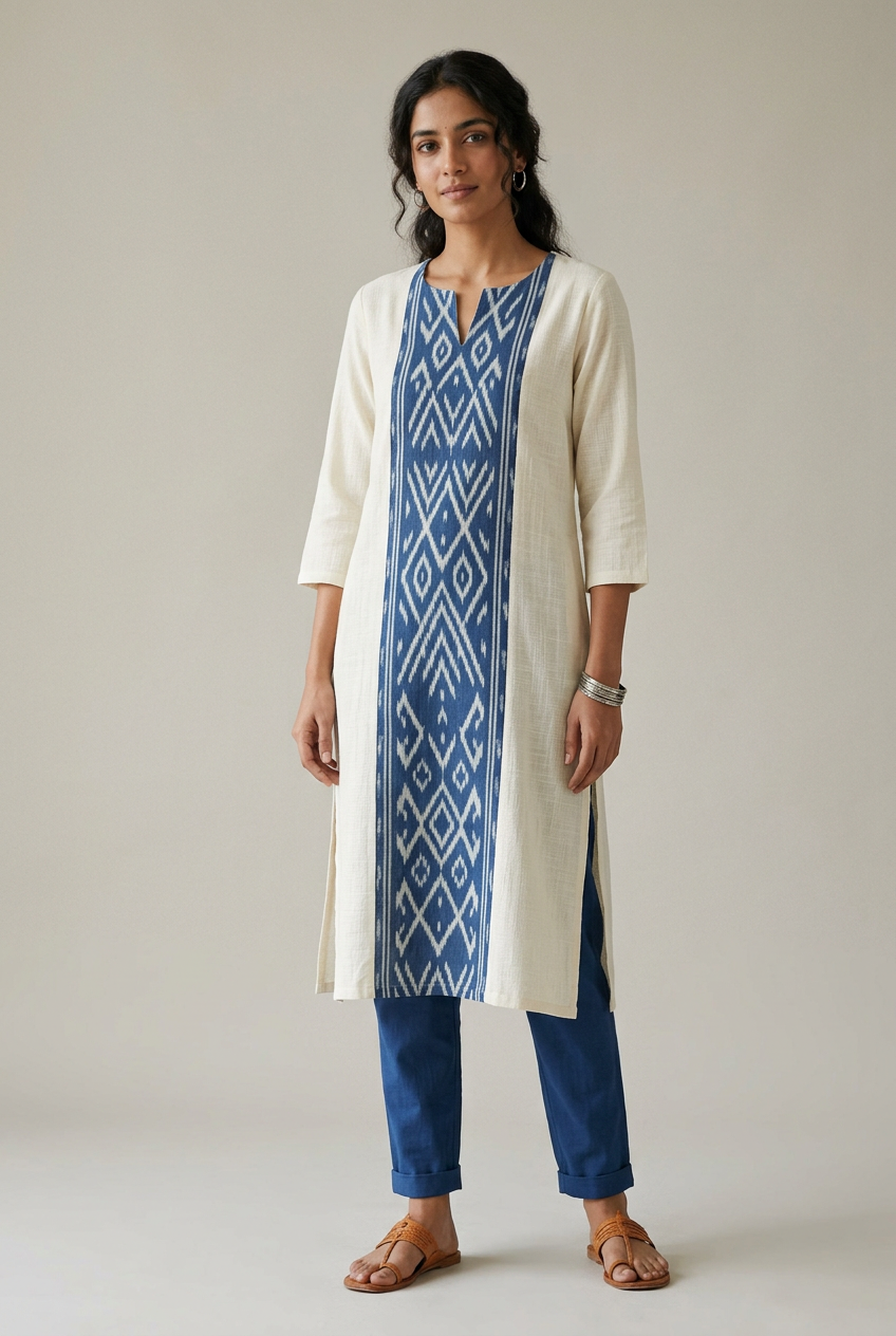 Ivory straight kurta with an indigo Ikat-inspired central panel, styled with trousers
