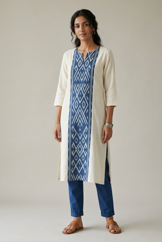 Ivory straight kurta with an indigo Ikat-inspired central panel, styled with trousers