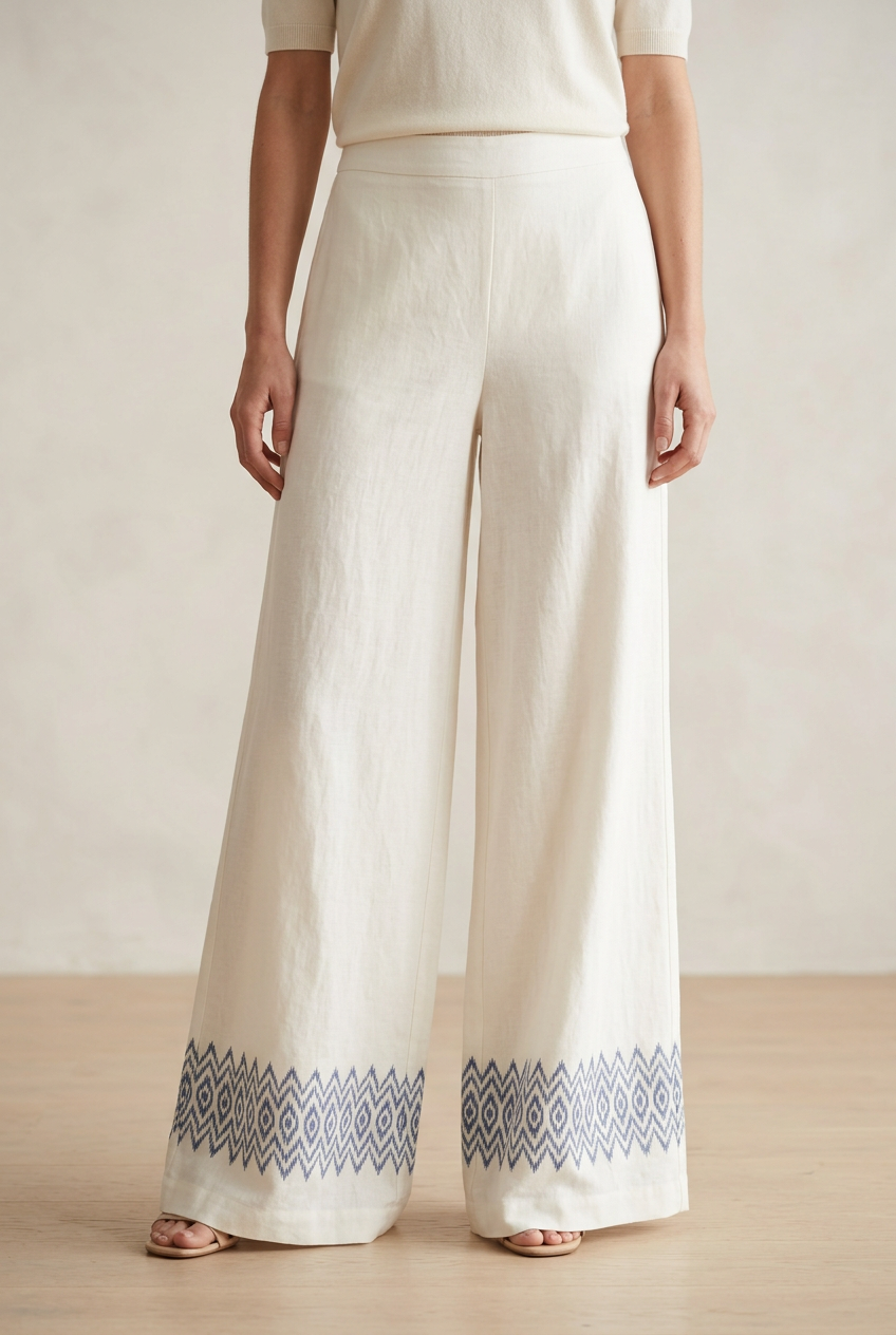 Ivory wide-leg palazzo trousers with an indigo Ikat-inspired hem border