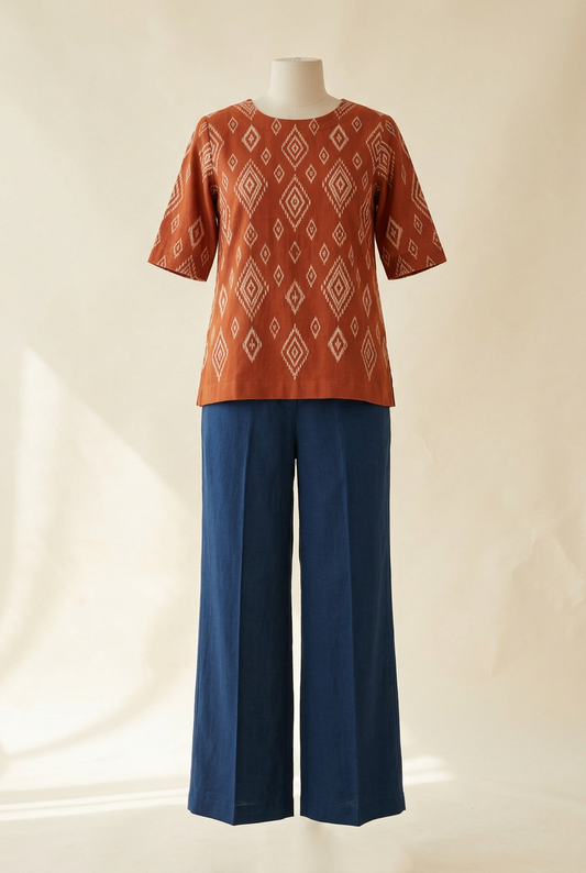Terracotta geometric-pattern top with elbow-length sleeves and indigo wide-leg palazzo trousers
