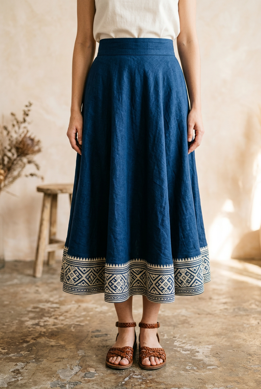 Indigo ankle-length flared skirt with ivory Ikat-inspired hem border