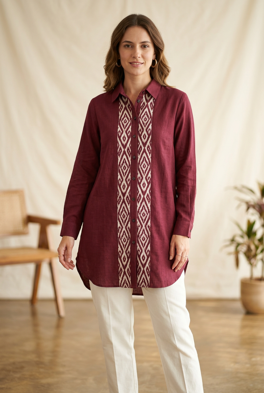 Burgundy collared shirt tunic with ivory Ikat-inspired vertical panel and curved hem
