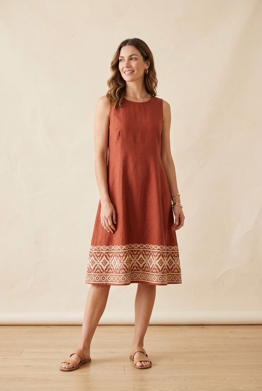 Terracotta sleeveless A-line dress with ivory Ikat-inspired hem border