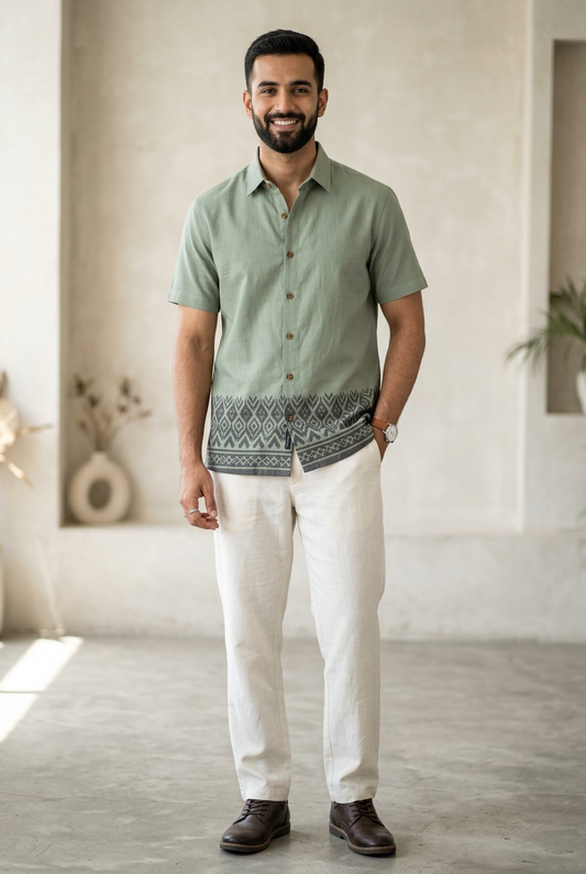 Sage short-sleeve collared shirt with charcoal Ikat-inspired hem border