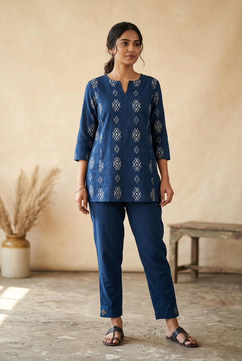 Indigo short kurta with ivory Ikat-inspired motifs and matching tapered trousers