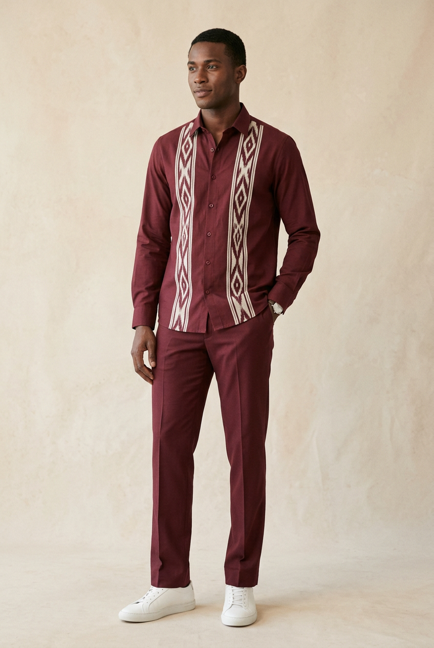Men's burgundy long-sleeve shirt with ivory Ikat-inspired panel and matching trousers
