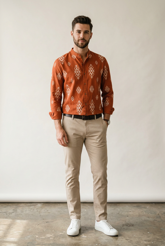 Rust long-sleeve band-collar shirt with ivory Ikat-inspired motifs