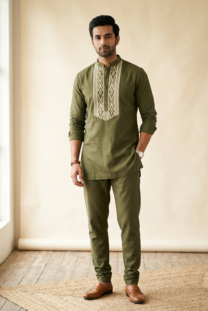 Men's olive band-collar short kurta with ivory Ikat-inspired placket and matching trousers