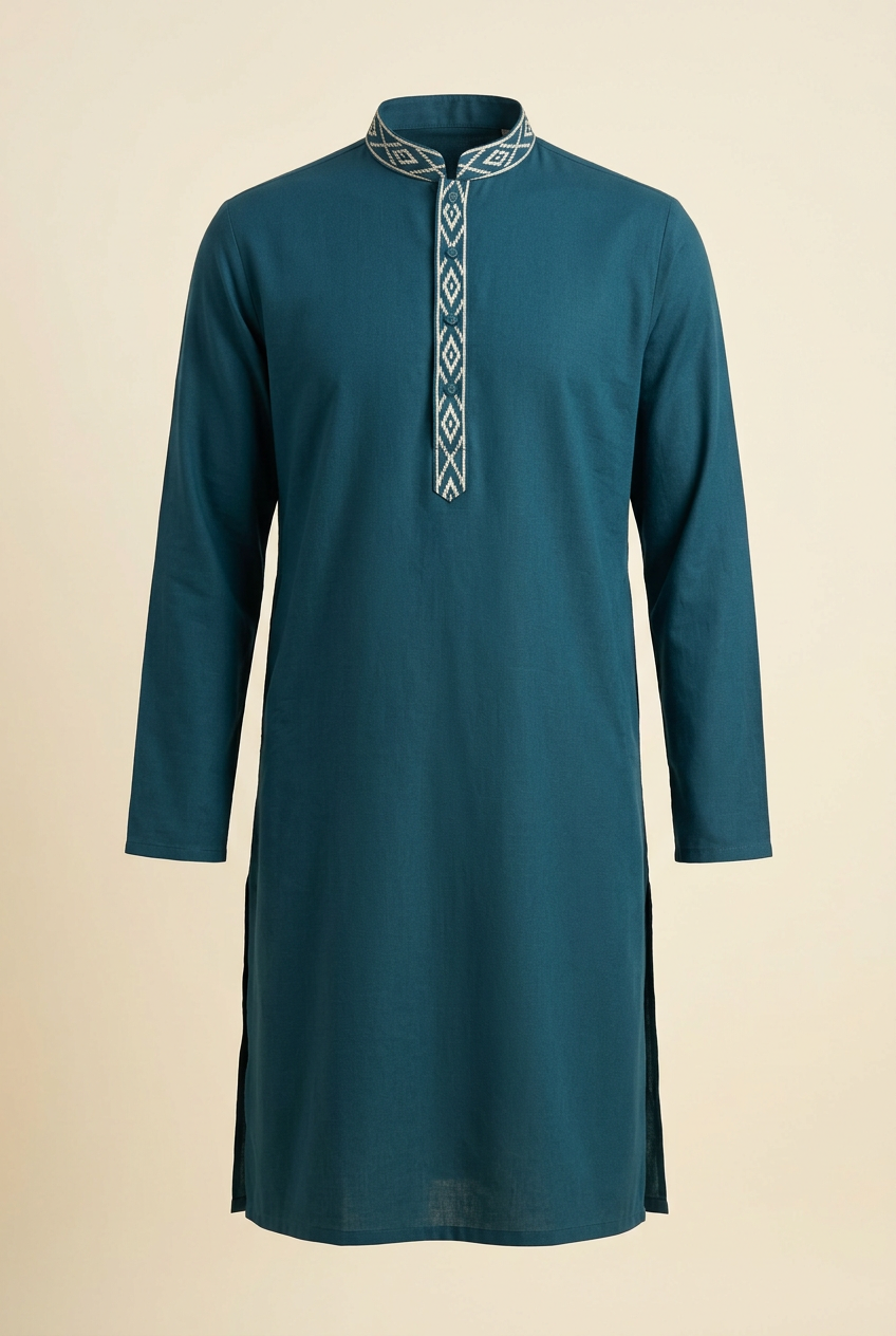Men's deep-teal long-sleeve kurta with ivory geometric detailing at the band collar and front neckline