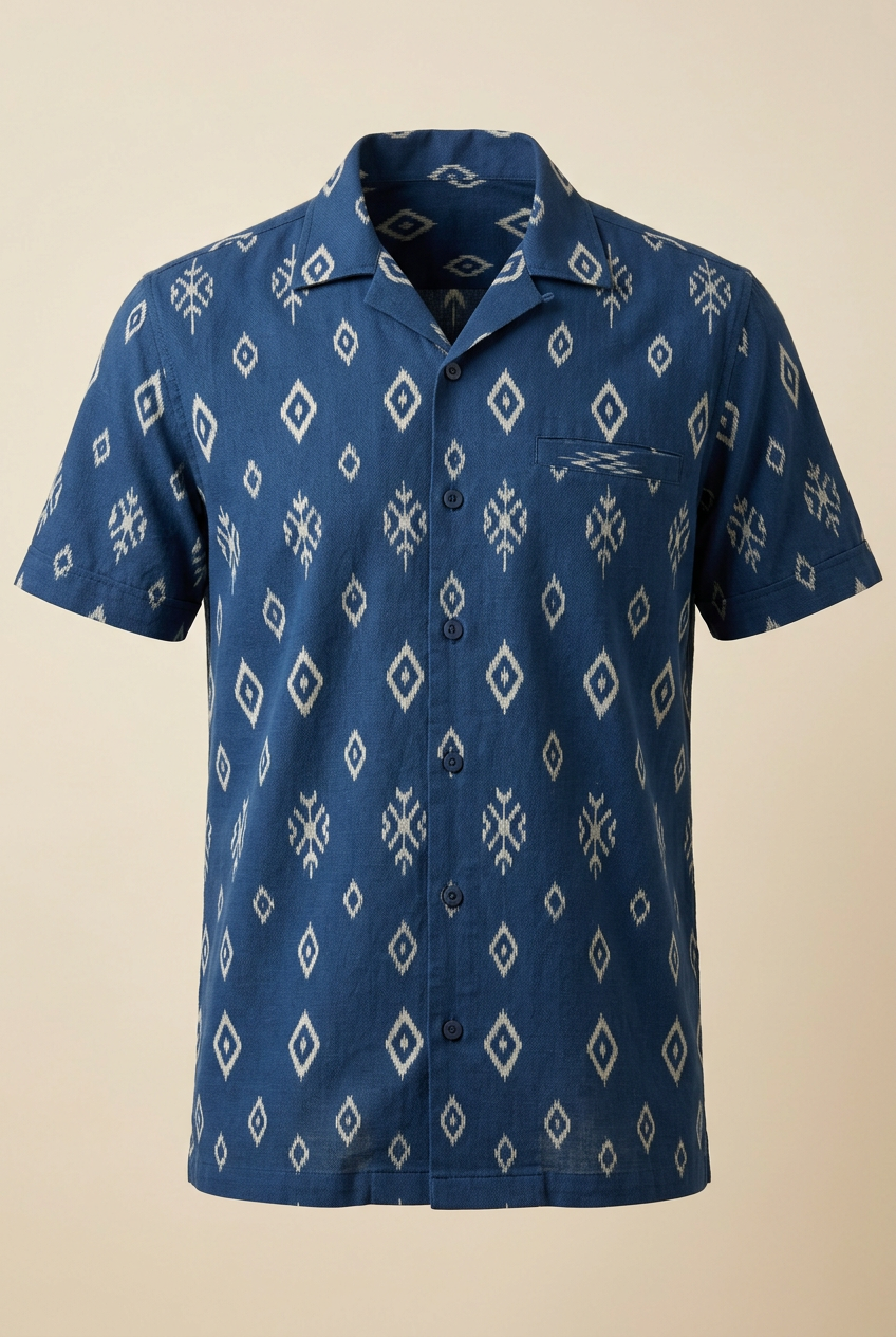 Men's indigo shirt with ivory geometric motifs, camp collar, short sleeves and chest pocket
