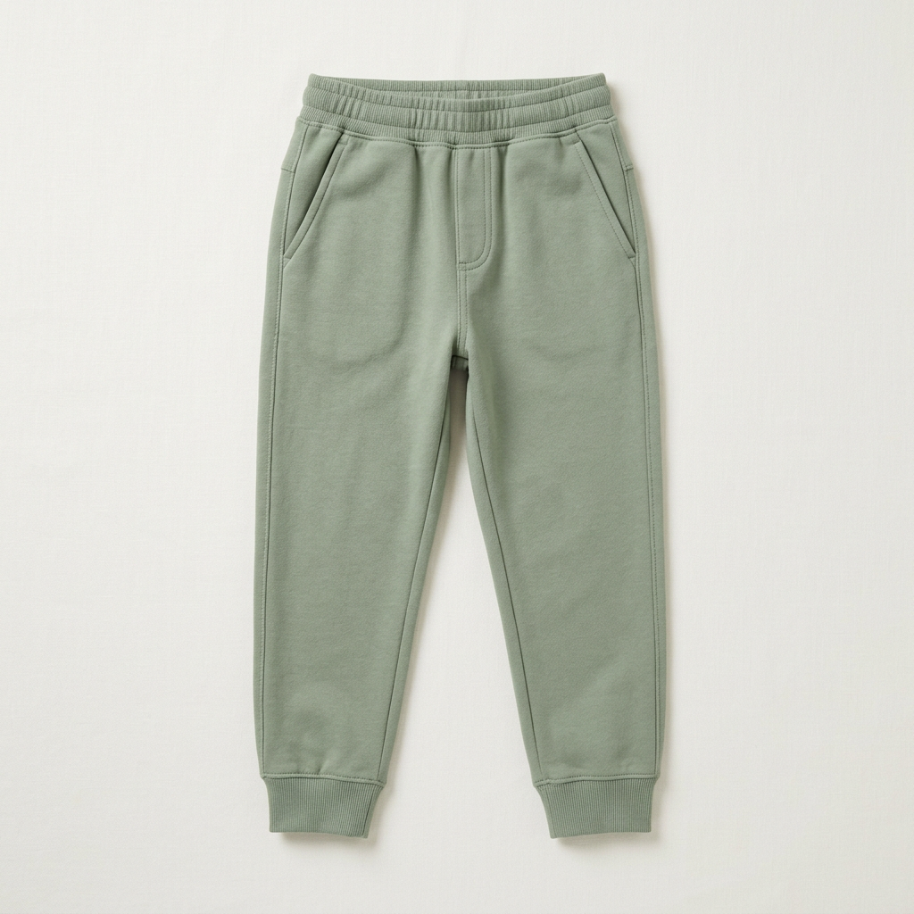 Sage-green kids joggers with elasticated waist and cuffed ankles