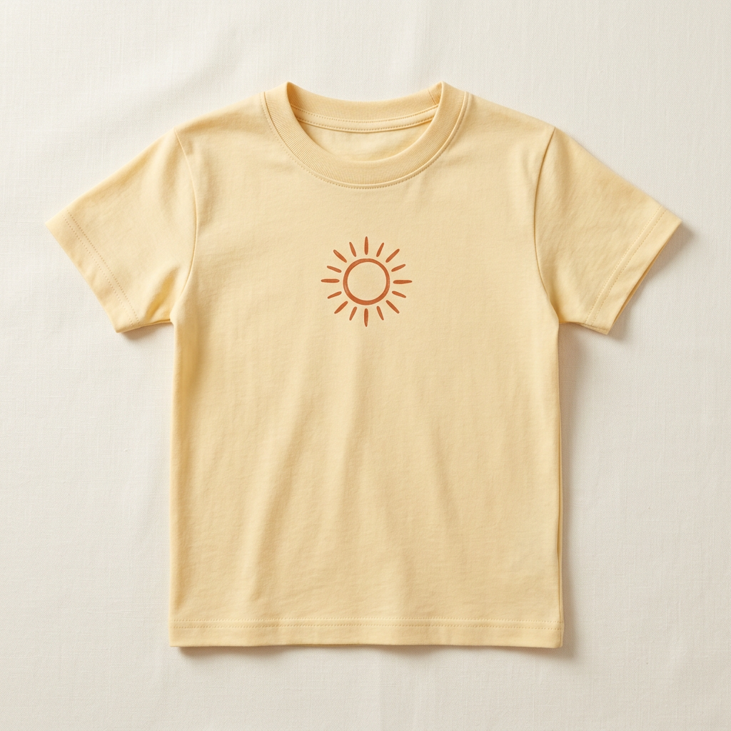 Butter-yellow kids crew-neck tee with terracotta sun graphic